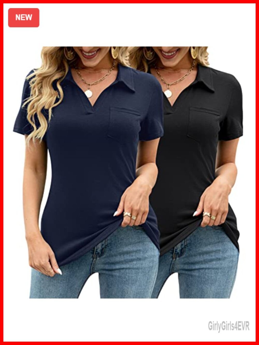 Womens V Neck Polo Shirt Short Sleeve Collared Tunic Blouse with Pocket Loose